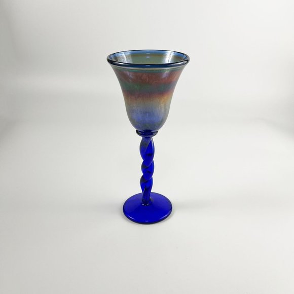 Rick Strini Studio Art Glass Iridescent Cobalt Blue Water Wine Goblet Twisted St - Picture 3 of 8
